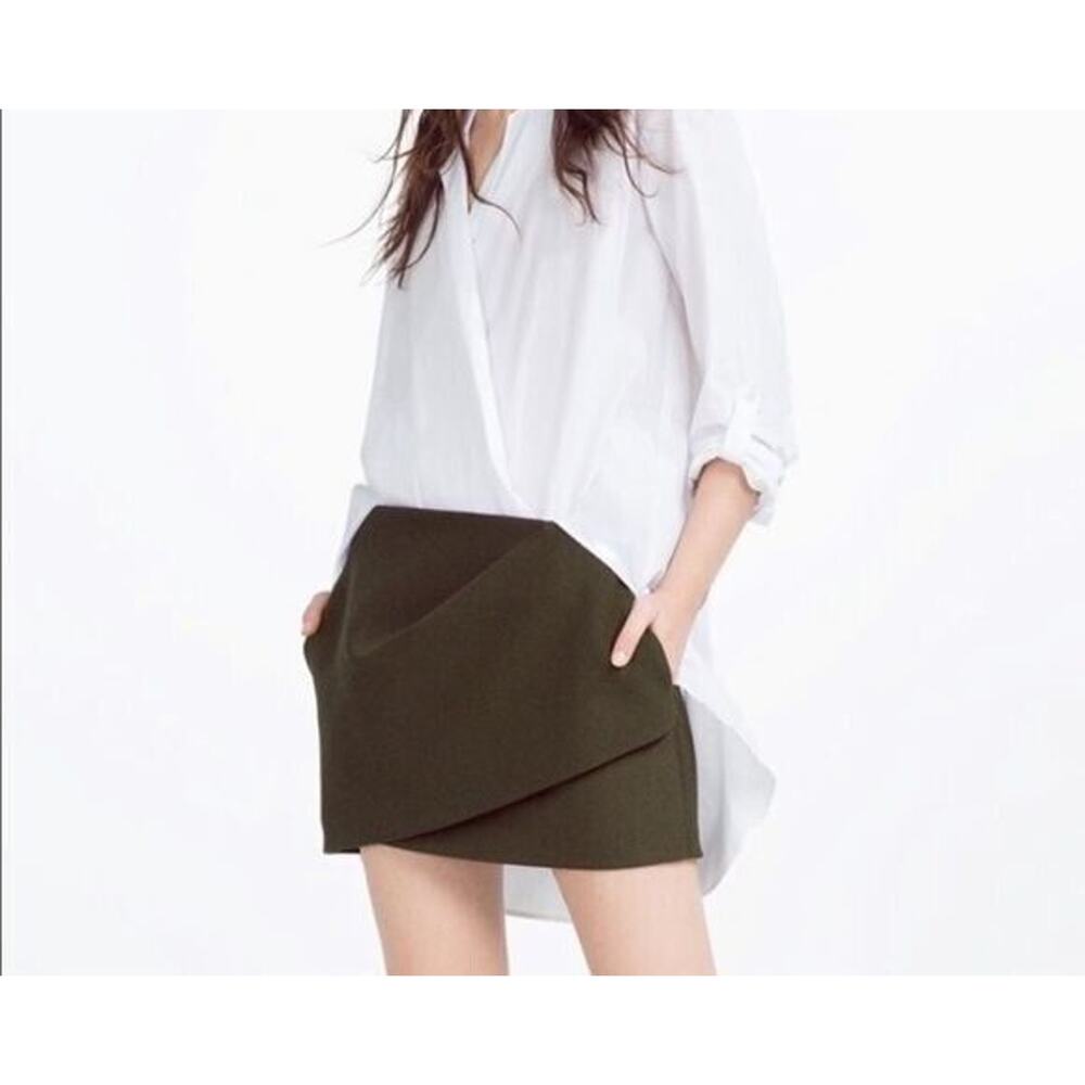 Zara Draped Wrap Look Mini Lined Skirt Back Zip Up Pockets XS Olive Green #3913